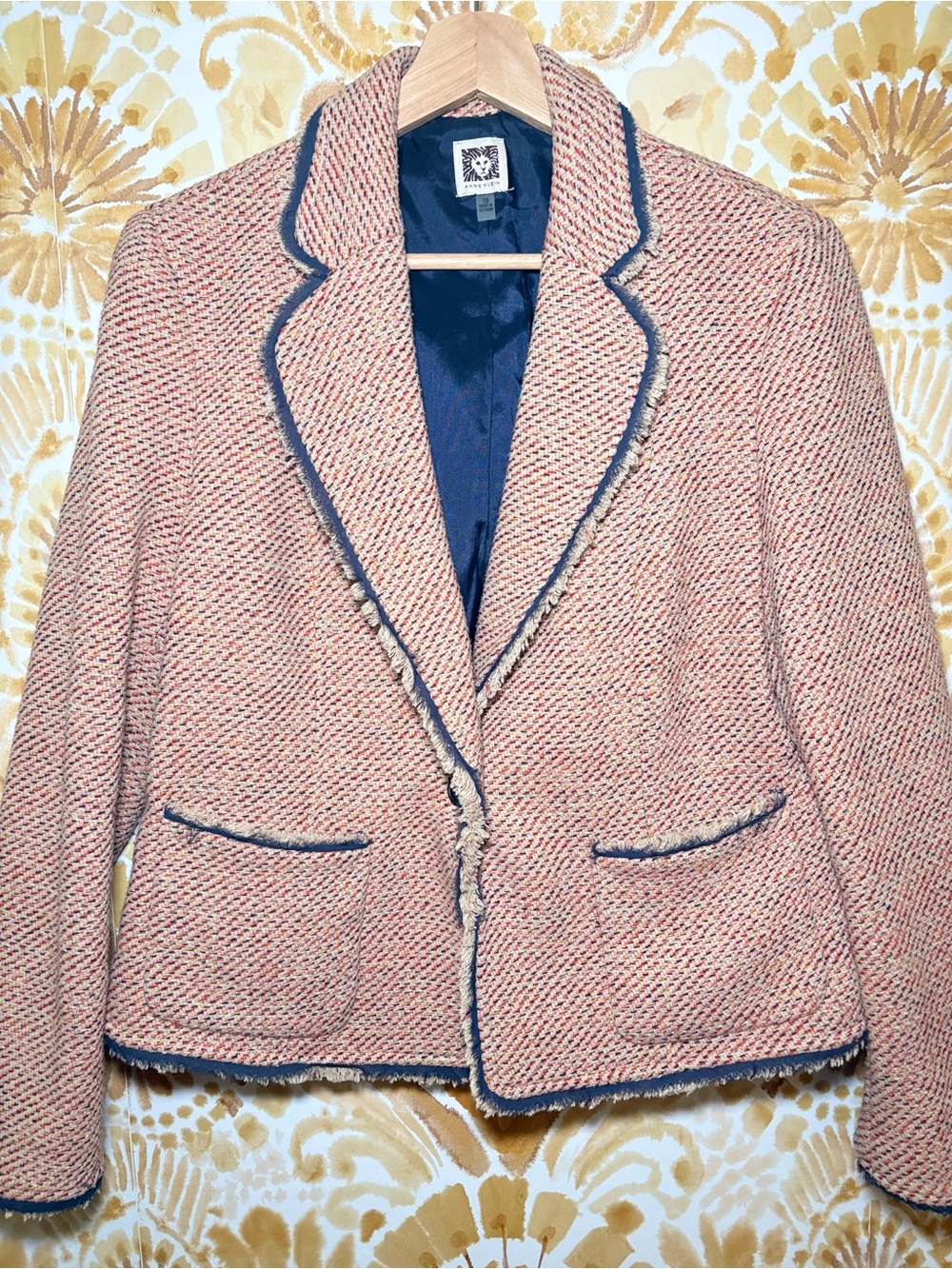 Anne Klein Tweed Blazer Jacket Pink Navy Trim Frayed Edge Career Preppy - Picture 6 of 14